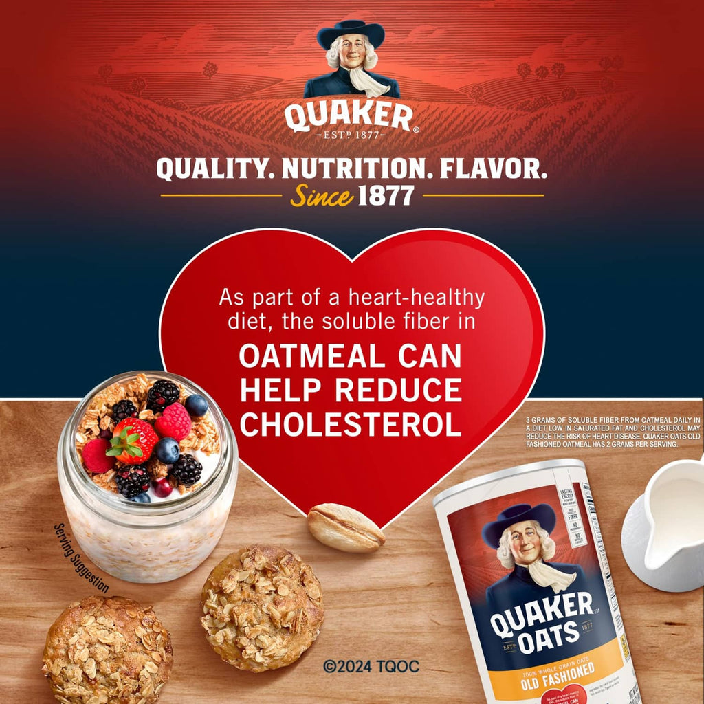 Quaker oats packaging with oatmeal bowl and heart-shaped nutrition graphic