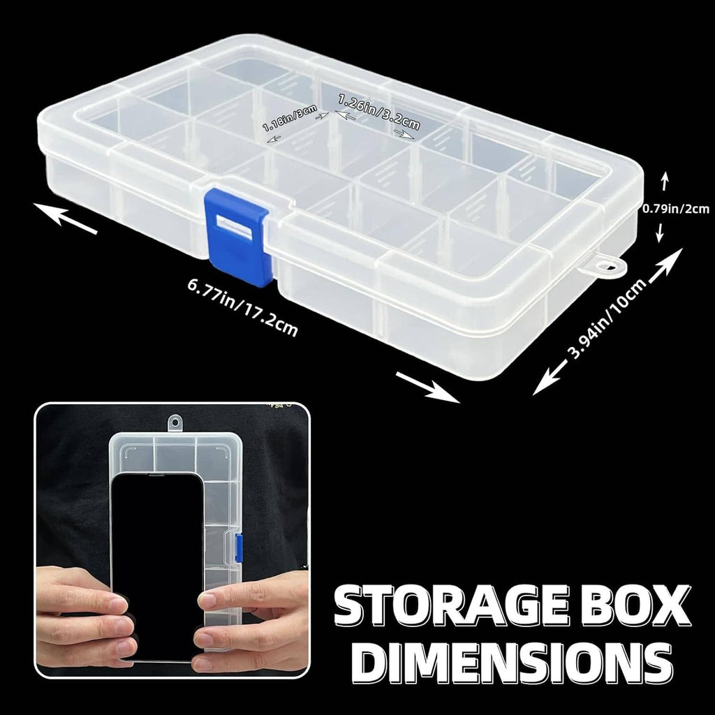 Clear plastic storage box with blue latch, grid compartments, and marked dimensions