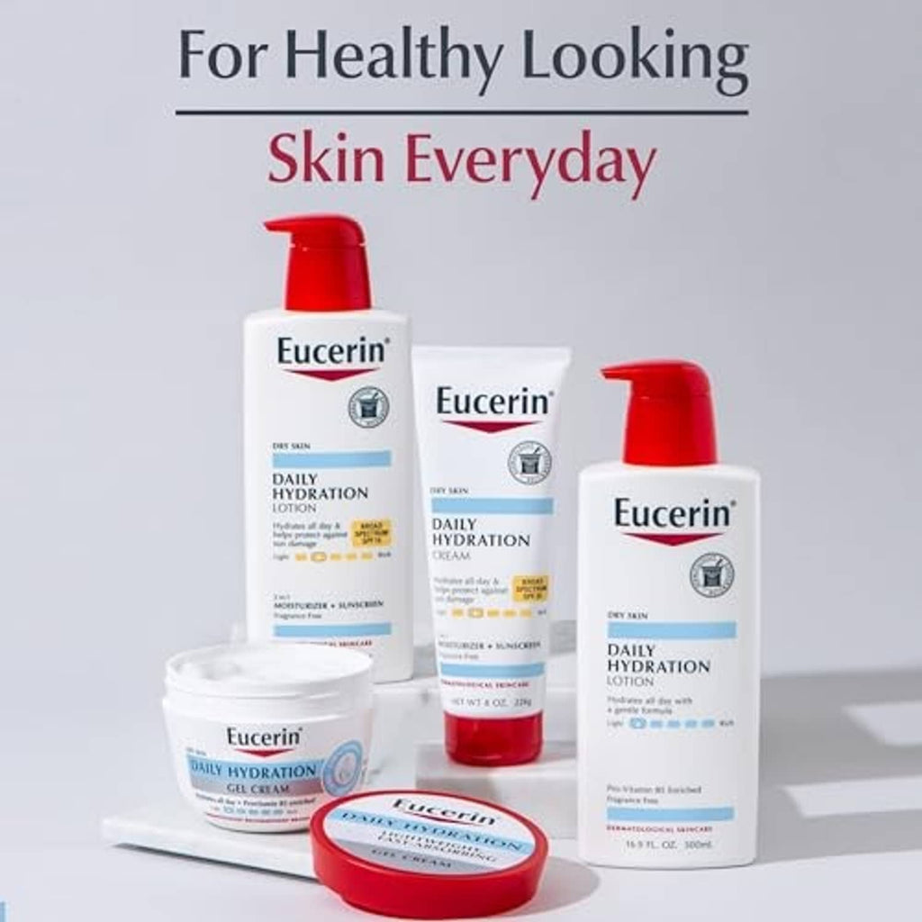 Eucerin daily hydration lotion bottles and cream jar set, red caps, assorted sizes
