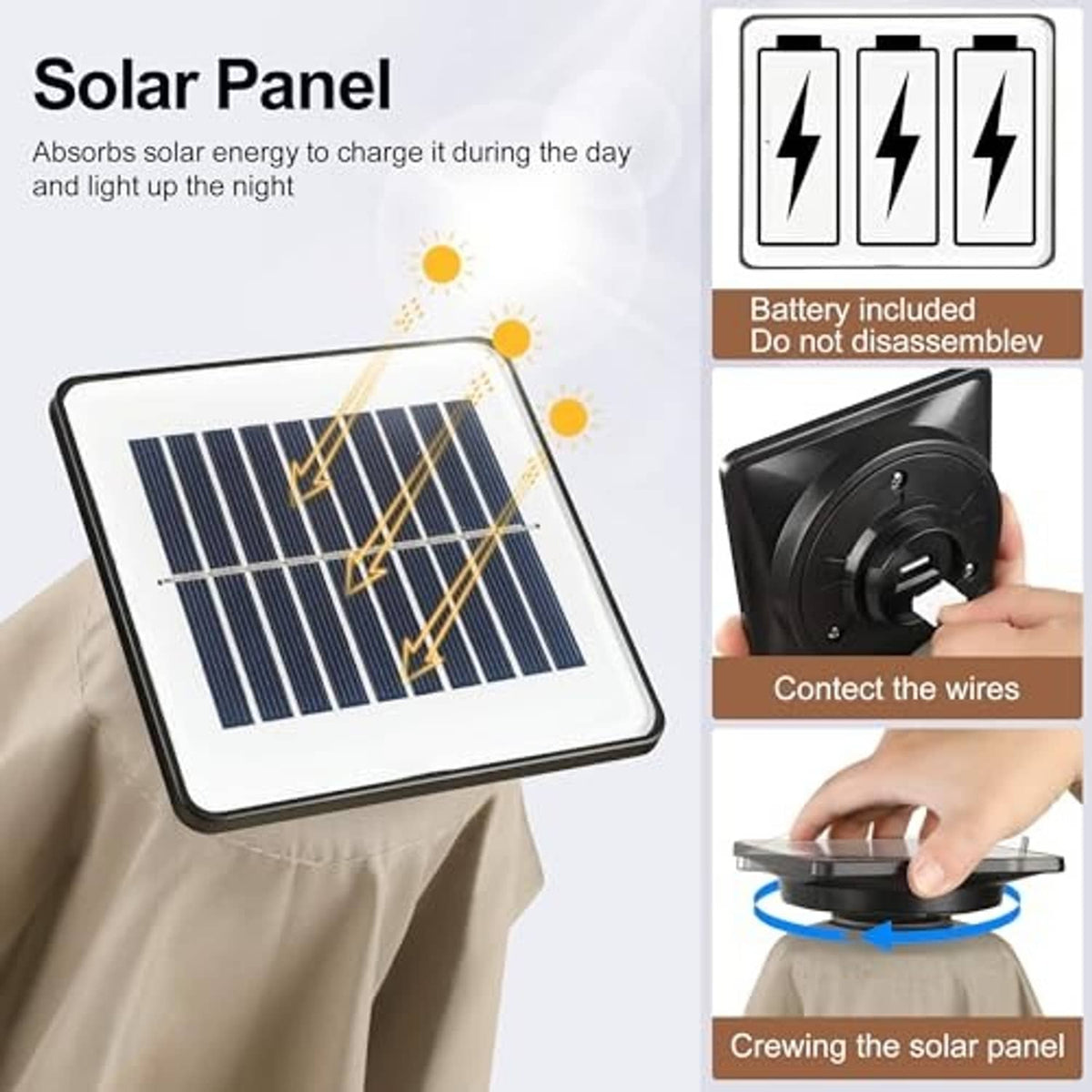 Taupe patio umbrella with solar panel, showing blue photovoltaic cells