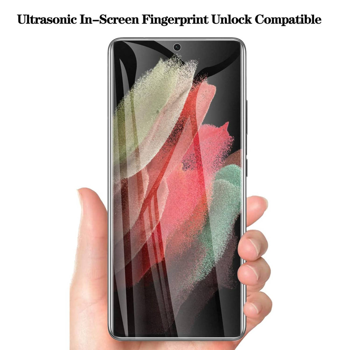 Hand holding Galaxy S21 Ultra with privacy screen protector film installed