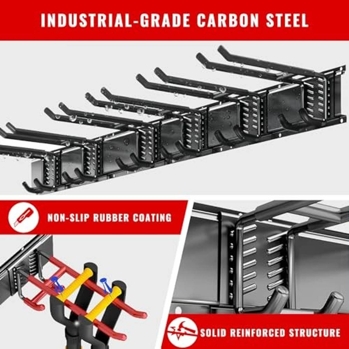 Industrial carbon steel wall organizer rail with non-slip rubber coated hooks