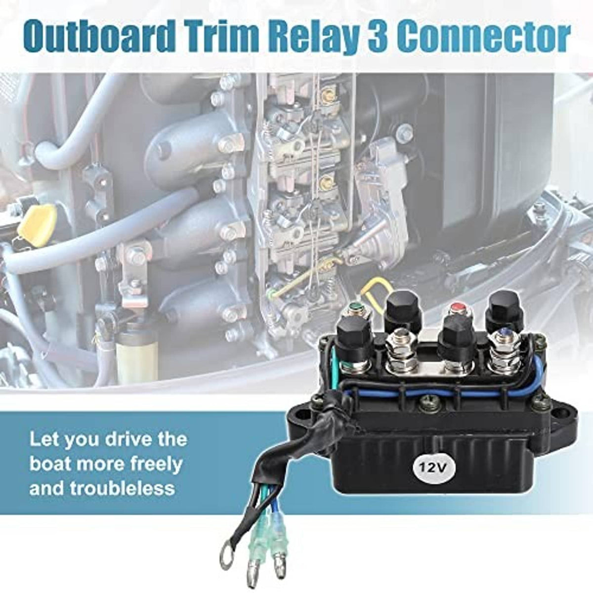 12V outboard trim relay with multiple screw terminals and black connector leads