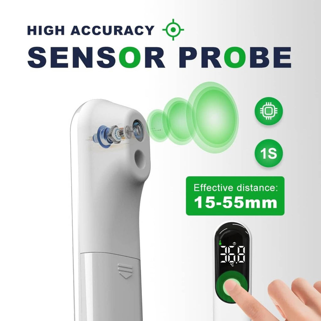 Non-contact forehead thermometer sensor probe with green distance indicator graphic