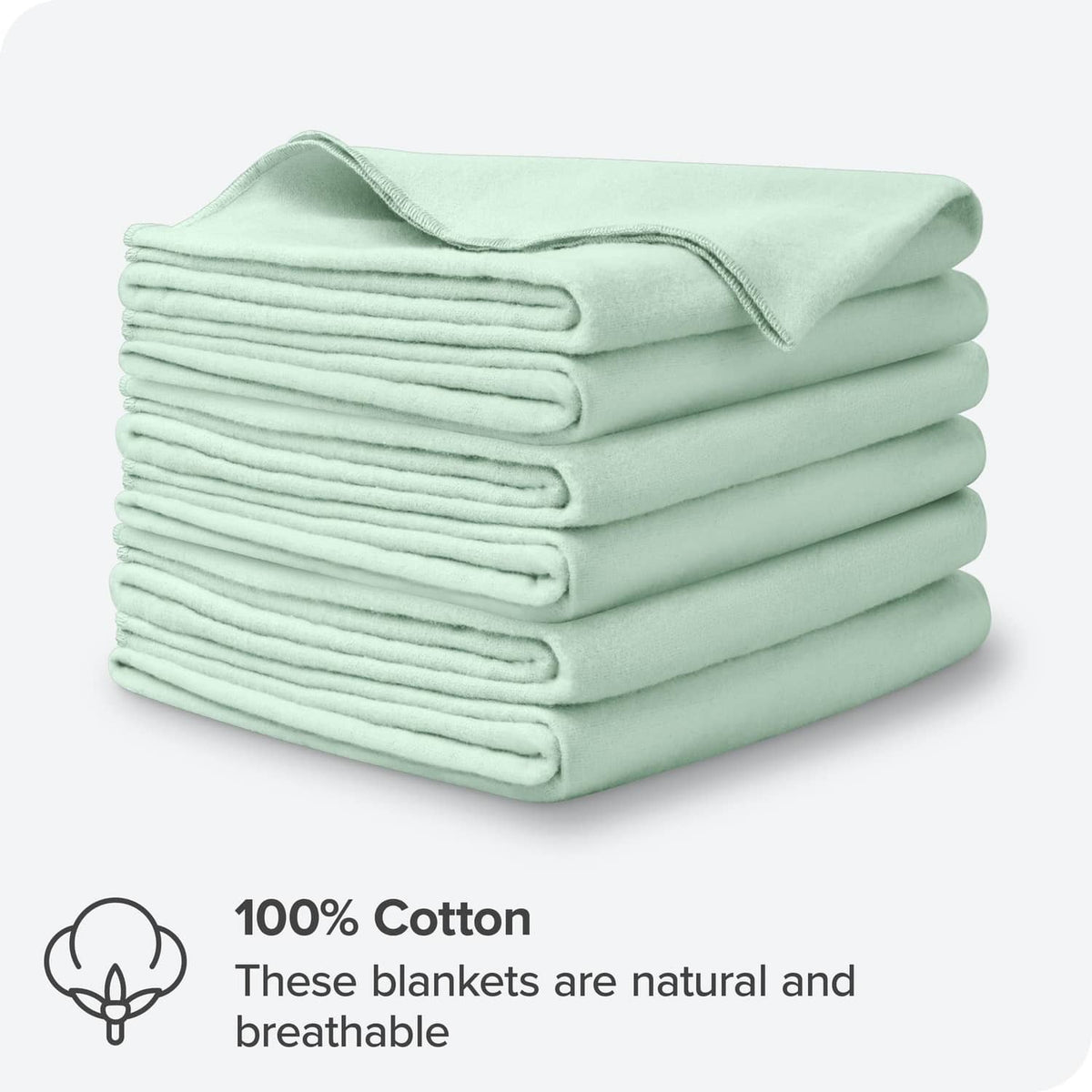 Stack of mint green cotton baby blankets, folded with visible seam edges
