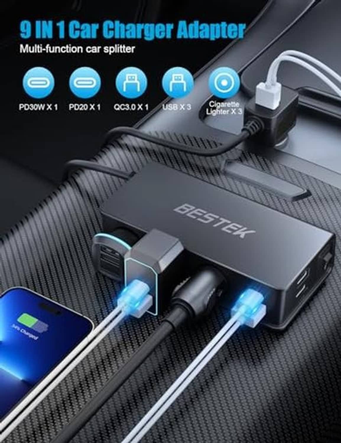 Black car charger splitter with multiple connected plugs and LED indicator lights