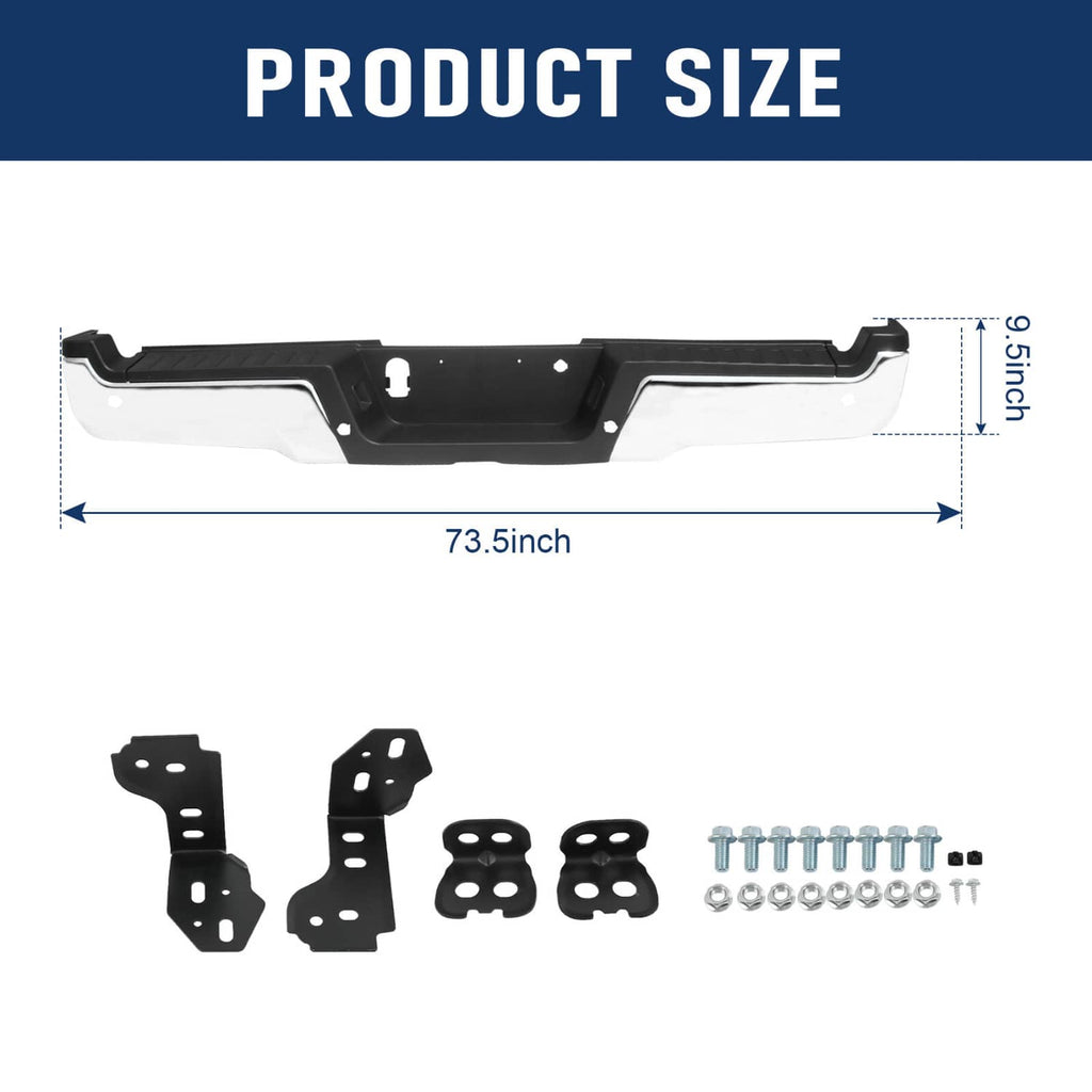 Rear step bumper replacement bar with black support panel and side mounting brackets