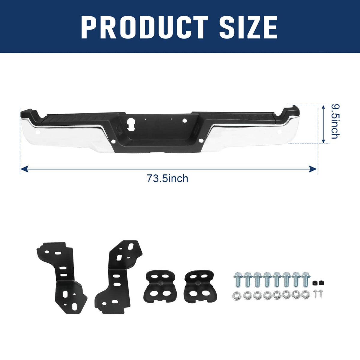 Rear step bumper replacement bar with black support panel and side mounting brackets