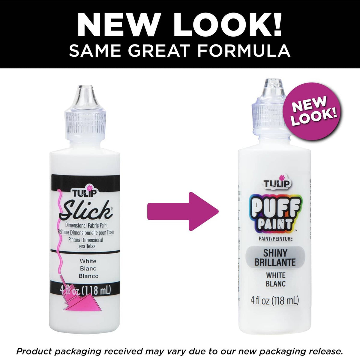White Tulip Puff Paint bottles, shiny brillance white front labels.