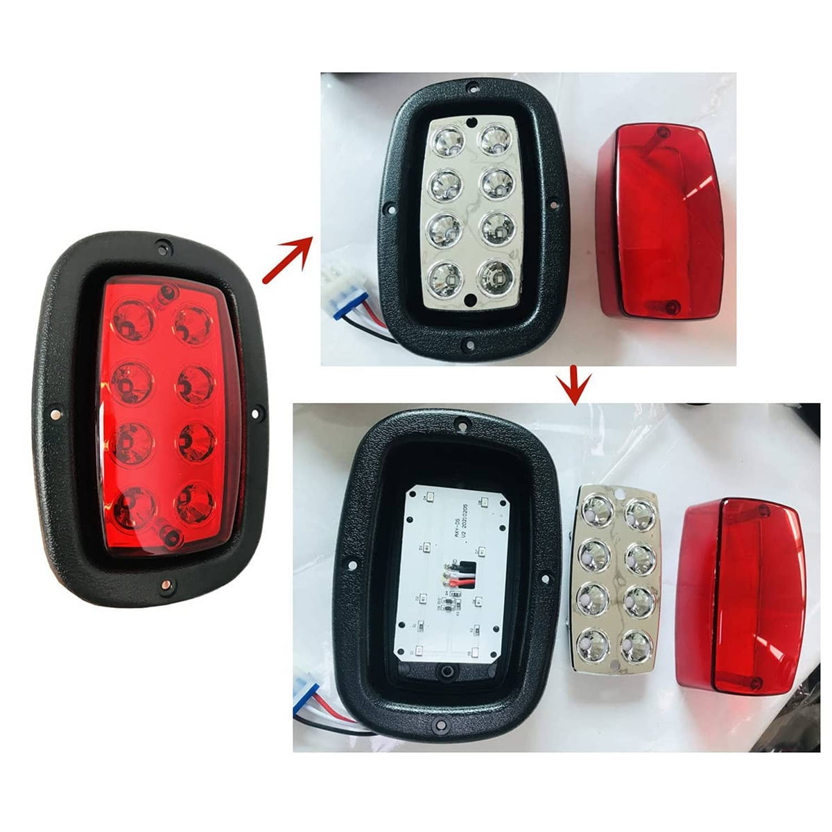 LED taillight with red lens, showing internal board with multiple LEDs