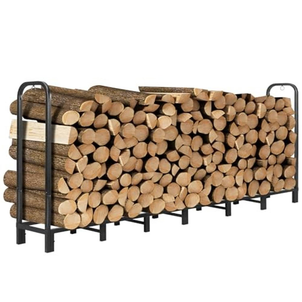 8 ft firewood rack holder with arched side handles and stacked wood logs