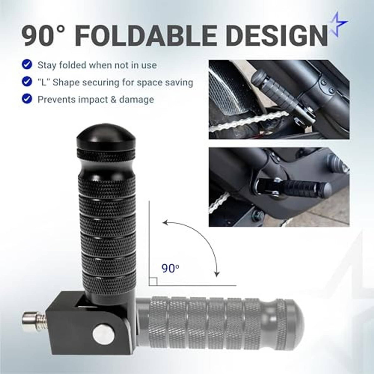 90° foldable motorcycle foot peg with knurled grip and black fold bracket