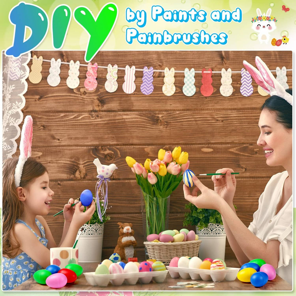 Plastic egg shakers with pastel-colored red blue green yellow and pink eggs
