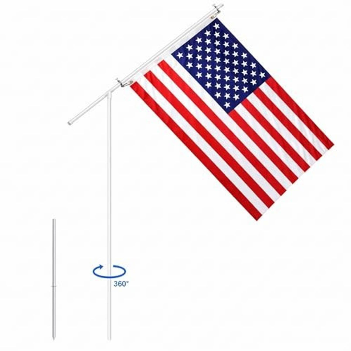 American flag pole kit with telescoping pole and ground stake, flag attached by clips