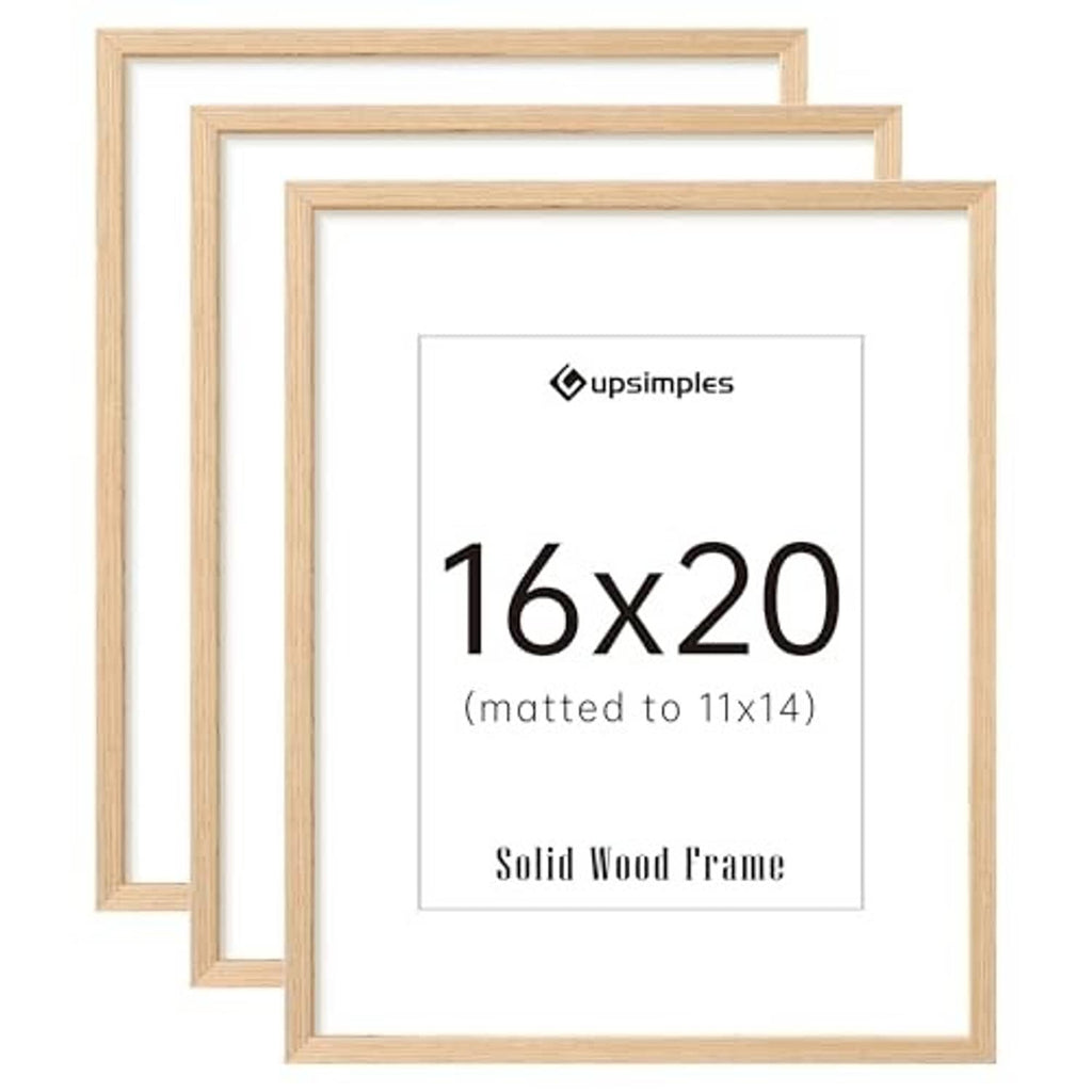 Solid wood 16x20 picture frame set, three front-facing light natural frames with mat opening
