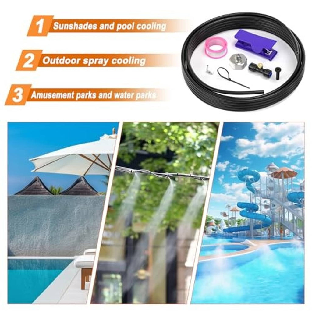 Outdoor misting cooling system kit with spray line, pink tubing ring, and clips