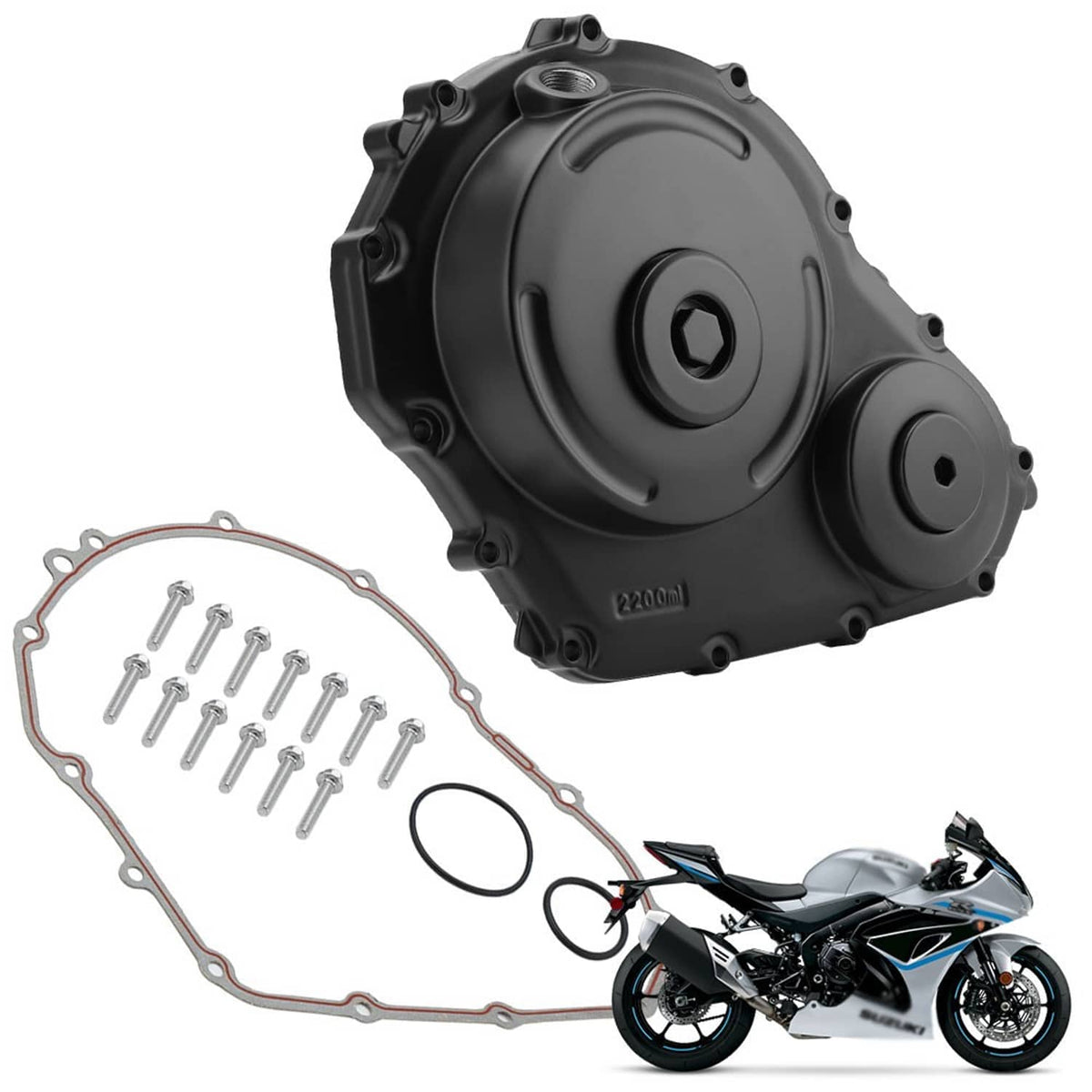 Black crankcase cover with gaskets and bolts, shown with a motorcycle for size