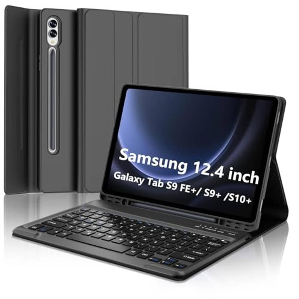 Black folio tablet case with built-in keyboard and front stand