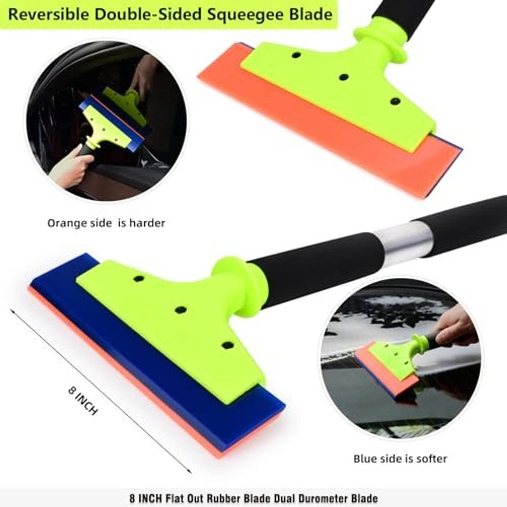 Reversible window tint squeegee with neon green blade and orange plus blue rubber edges