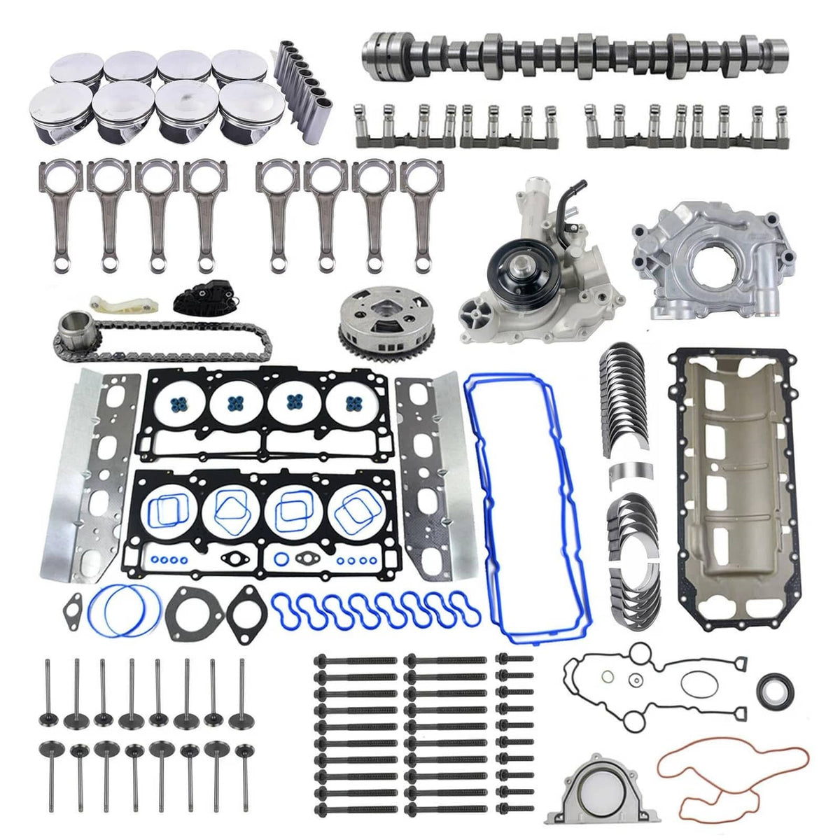 Engine rebuild kit parts set with gaskets, valves, cam components, and bolts