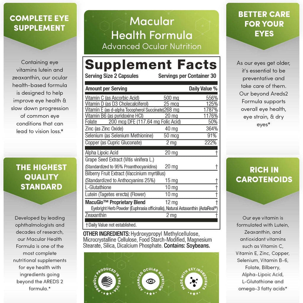 Macular Health Formula supplement facts panel with serving size and vitamins