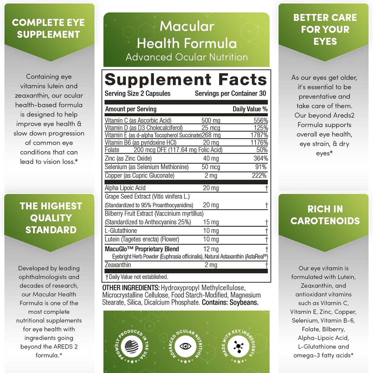 Macular Health Formula supplement facts panel with serving size and vitamins