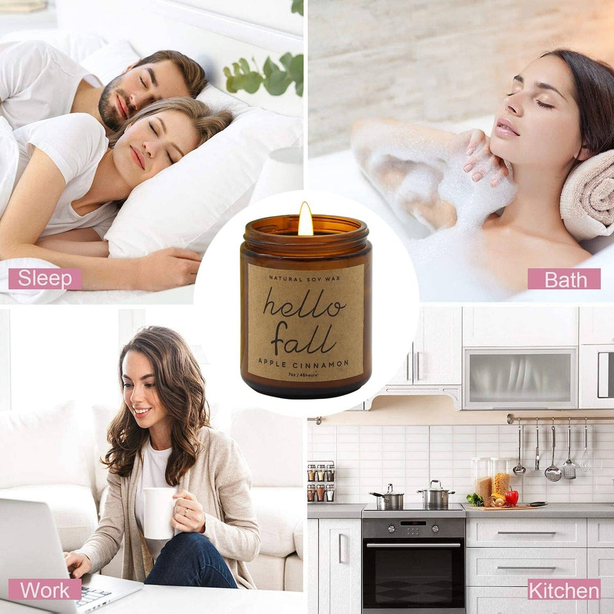 Hello Fall apple cinnamon candle in amber jar with white wick on surface