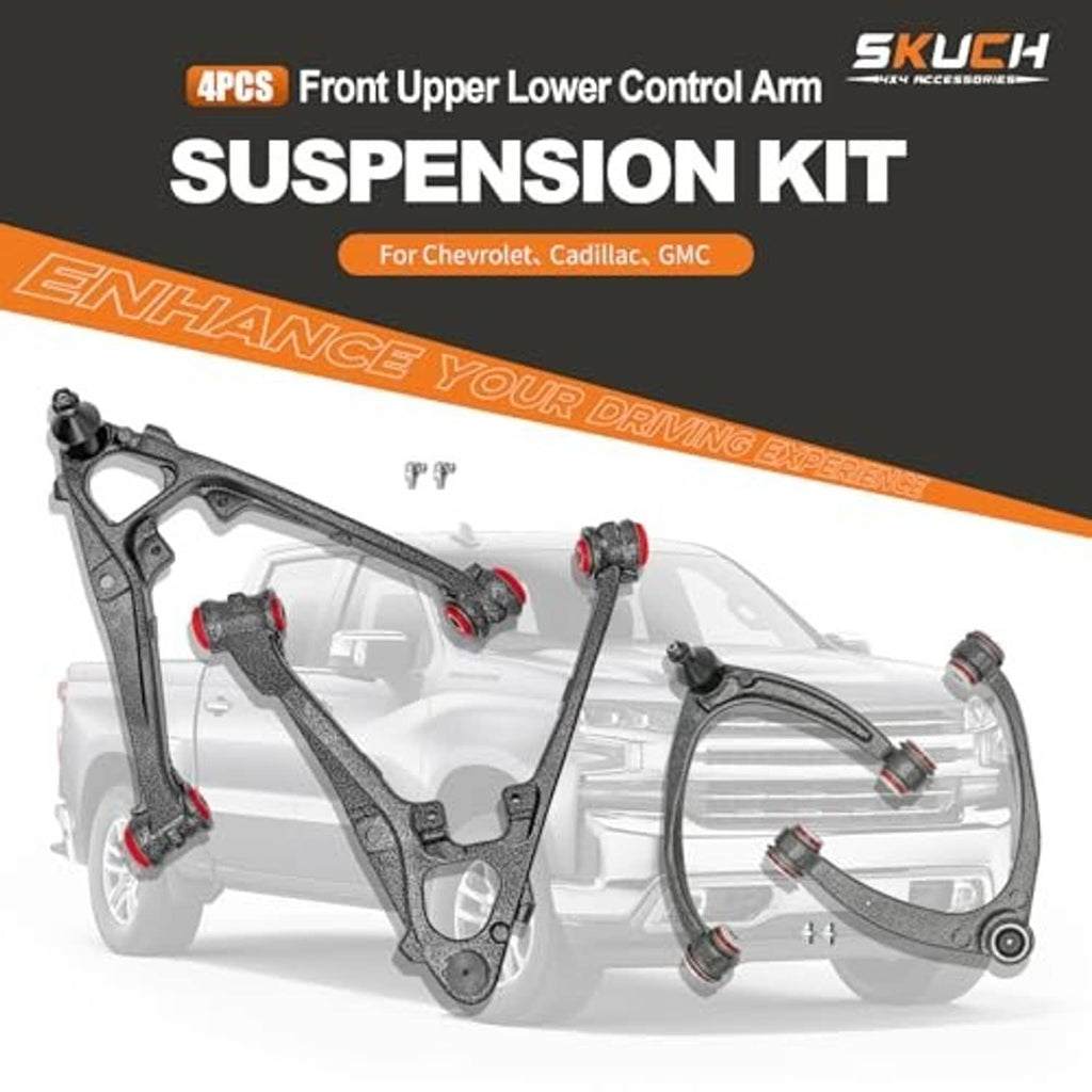 Suspension kit graphic showing four front upper and lower control arms with bushings