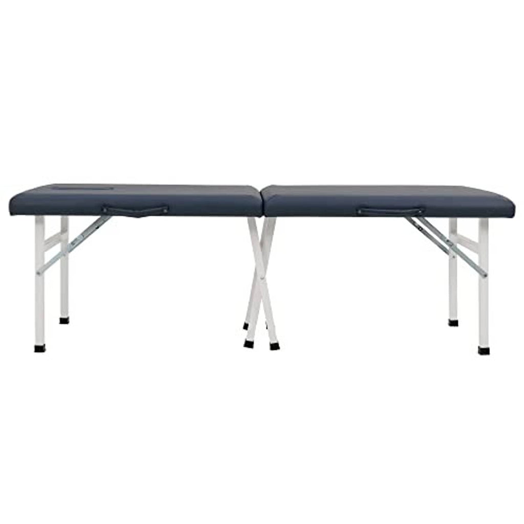 Royal blue cushioned portable massage table with center split and white metal frame