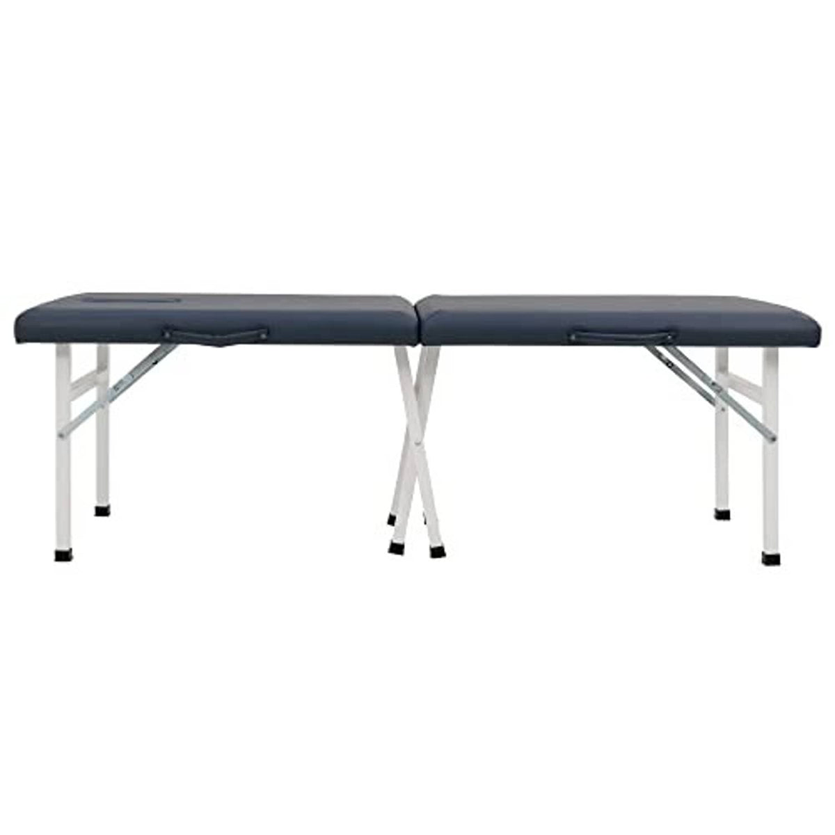 Royal blue cushioned portable massage table with center split and white metal frame