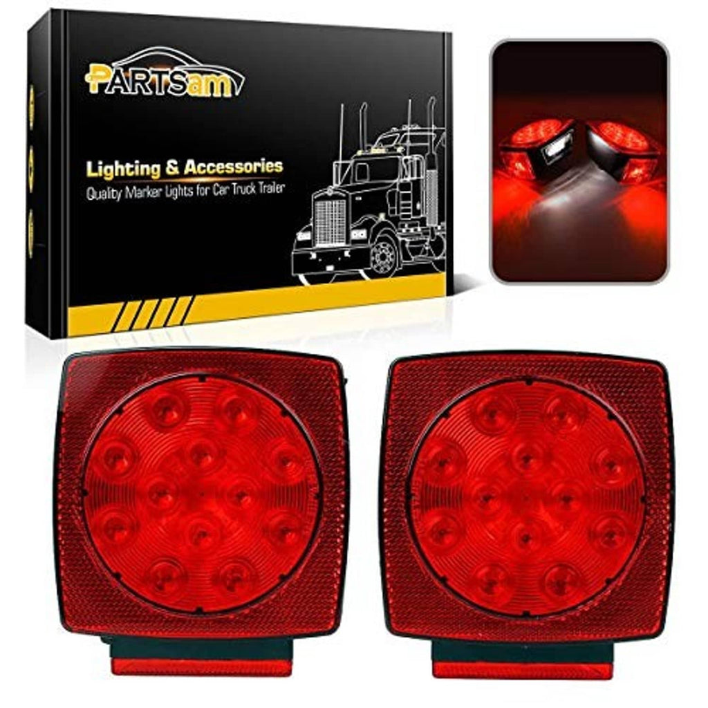 Square red LED trailer tail lights with black frames, two-piece set