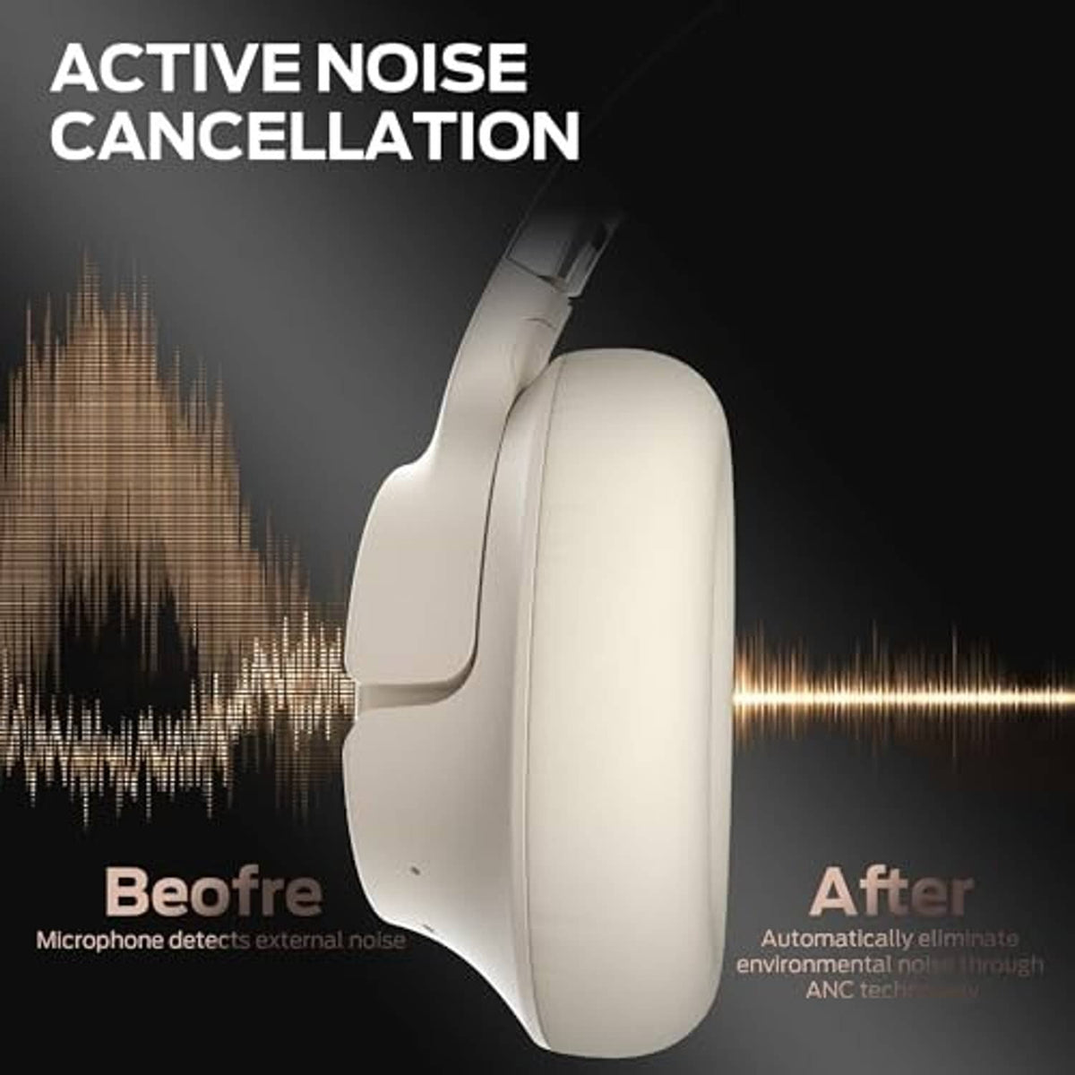 Cream over-ear ANC headphones showing side profile and large padded ear cups