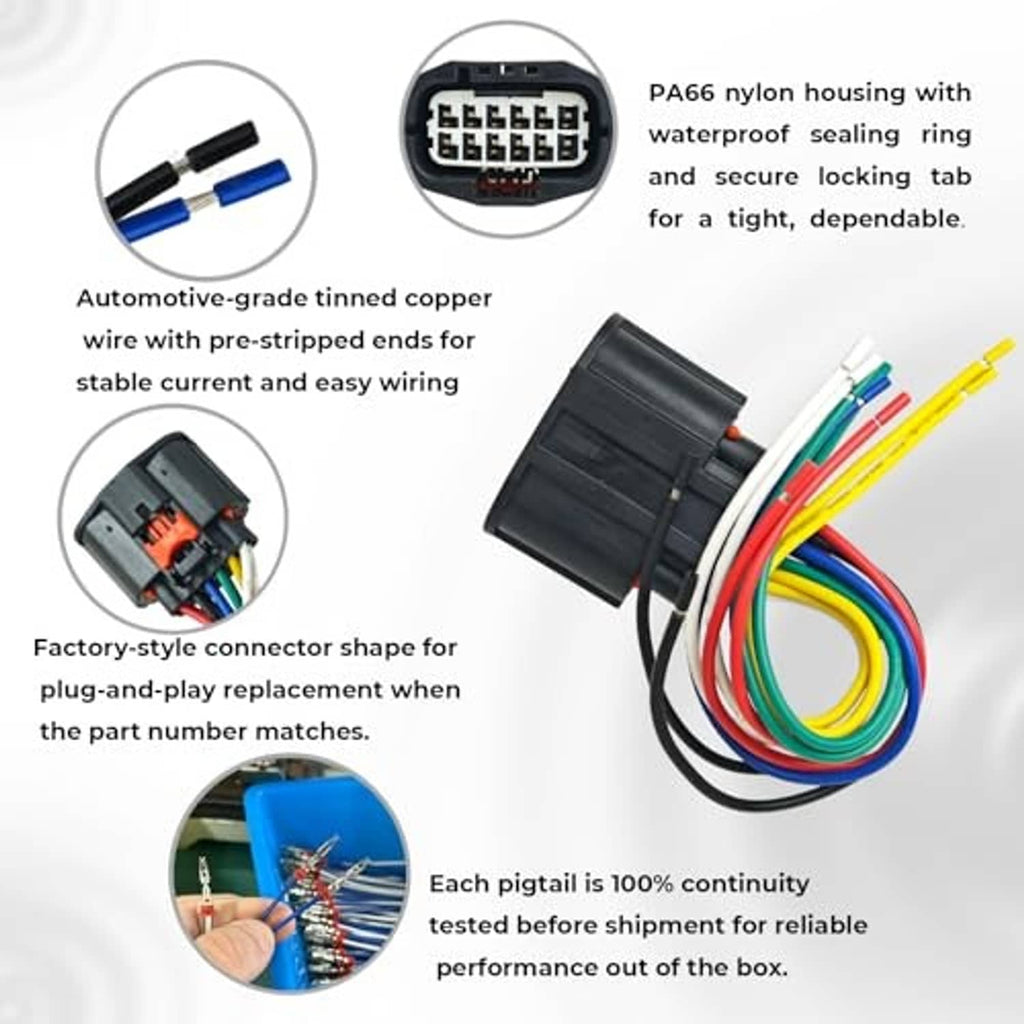 12-wire connector pigtail with pre-stripped copper wires and locking tab housing