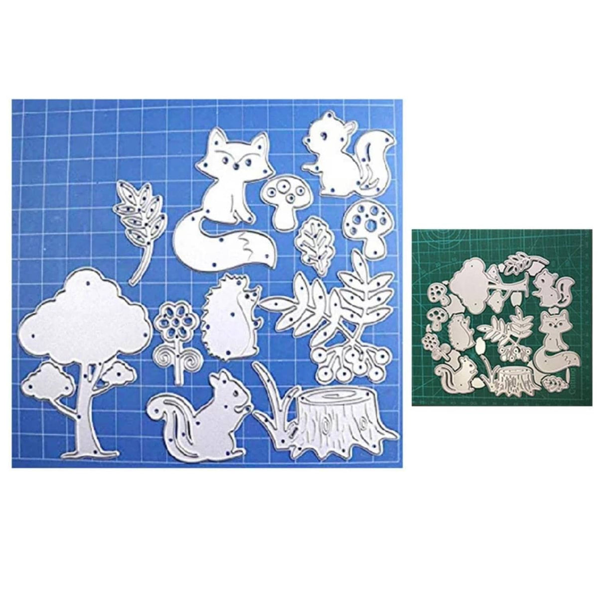 Forest animal metal die cuts sheet with white fox and hedgehog figures, trees and flowers
