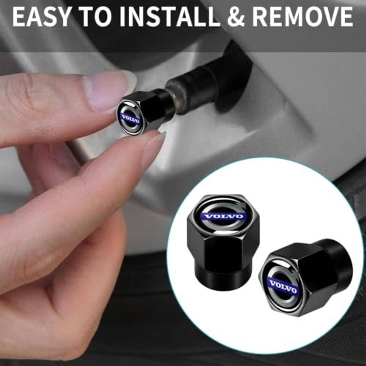 Hand installing a black hex tire valve stem cap with blue Volvo logo