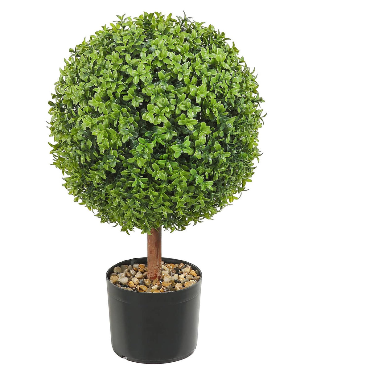 Artificial green topiary tree in black round pot with dense faux foliage