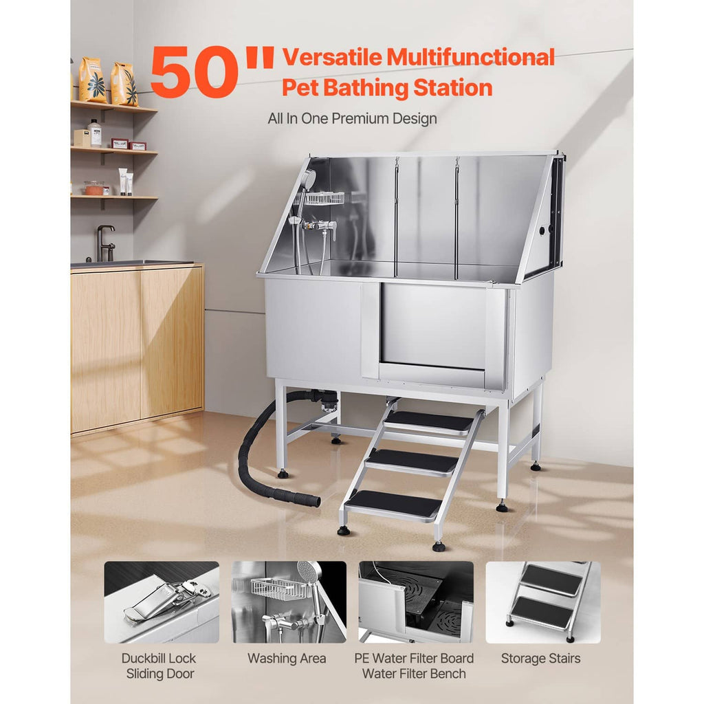 50 in stainless steel pet bathing station with stairs, water filter bench, and hose