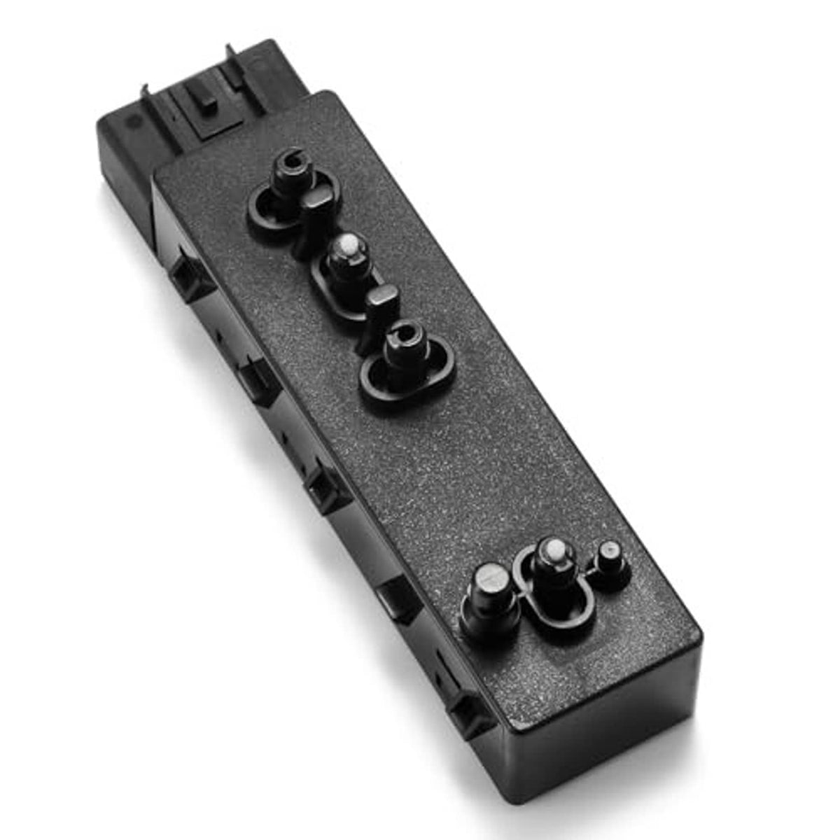 Power seat switch angled view showing gray textured face and black mounting clips