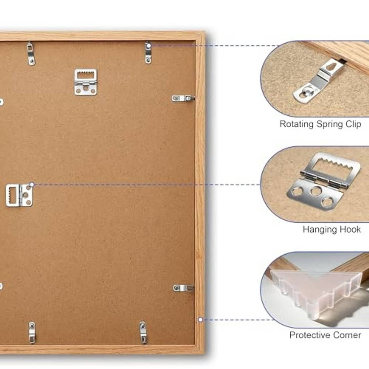 Back of oak picture frame with metal clips, hanging hook details, and protective corner