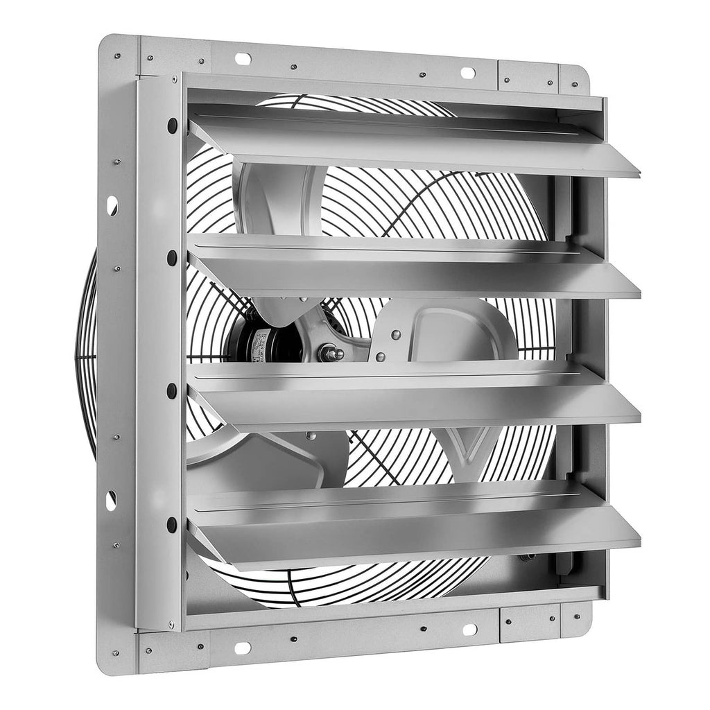 Silver steel wall-mounted exhaust fan with automatic louvers and visible fan blades