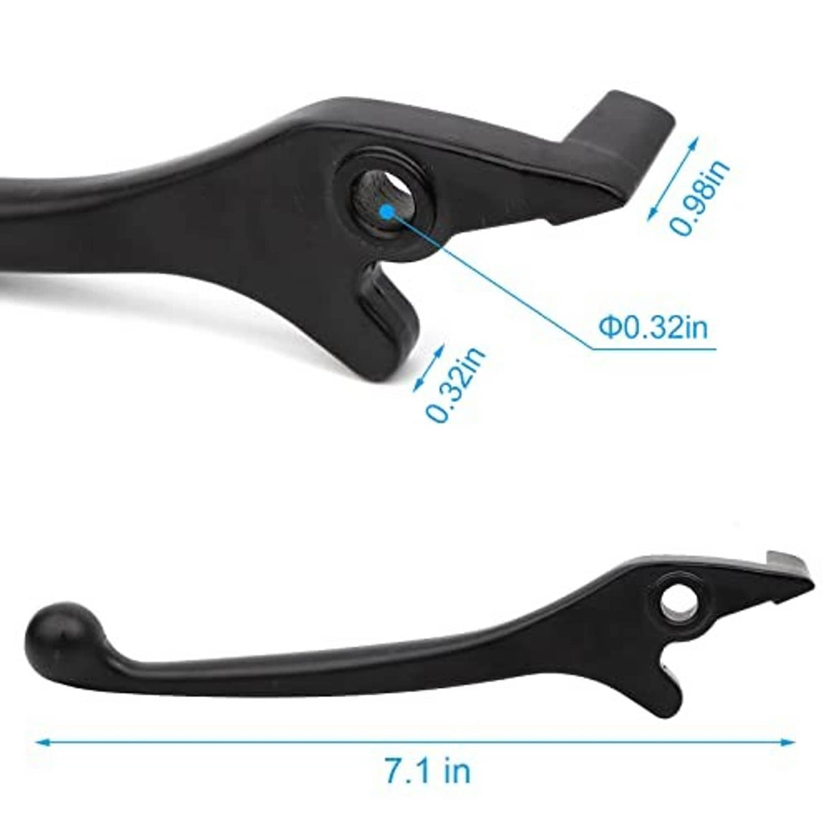 Black left disc brake lever close-up, showing mounting hole and lever arm