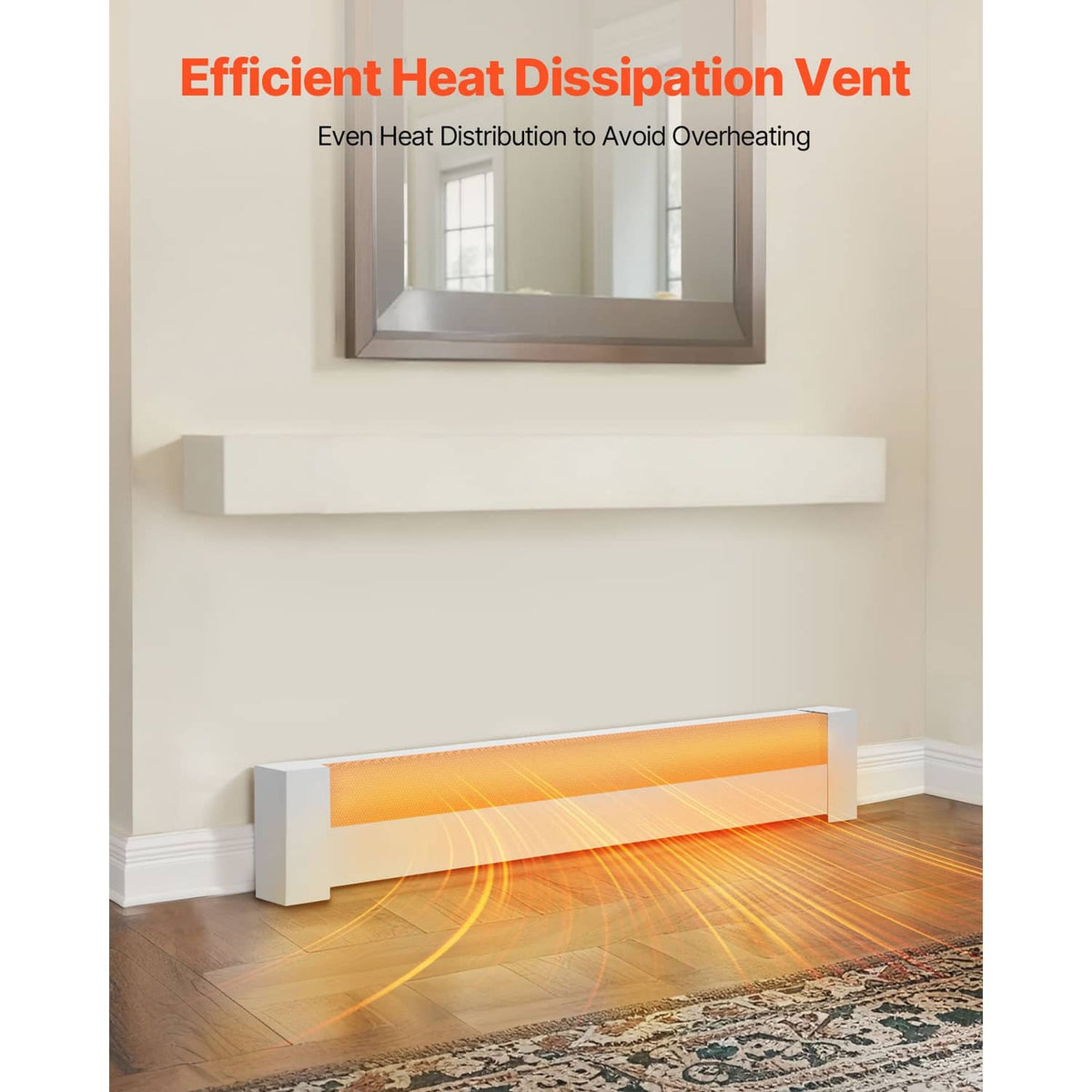 White baseboard heater cover with vented airflow grille mounted on a wall