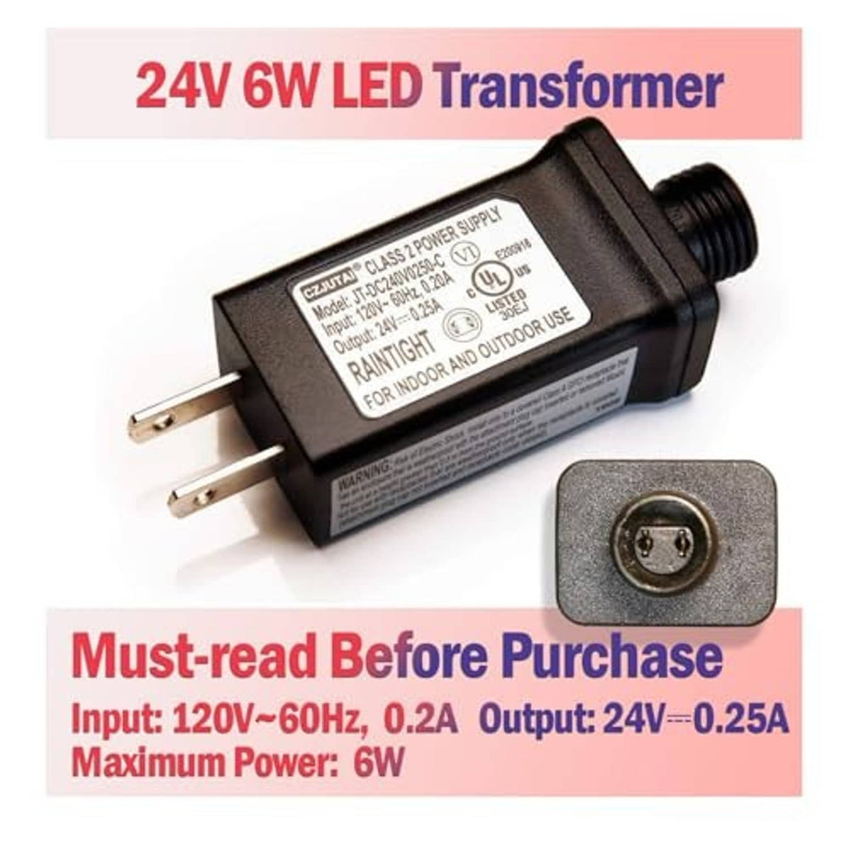 Black 24V 6W LED transformer power supply with two-prong plug and threaded connector