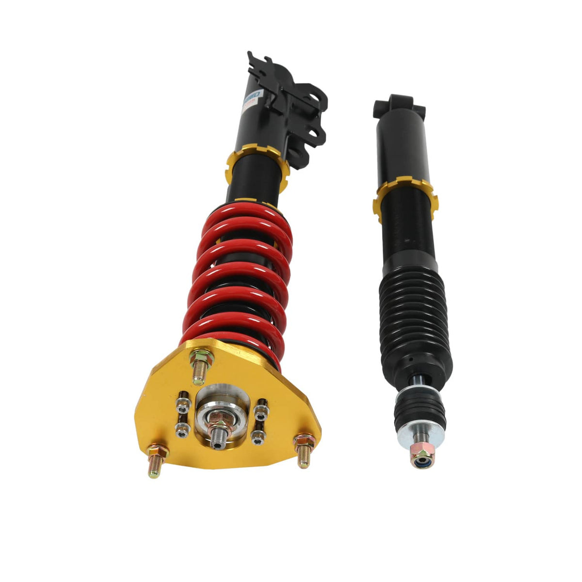 Two coilover struts with red coil springs and black bodies, with gold top plates