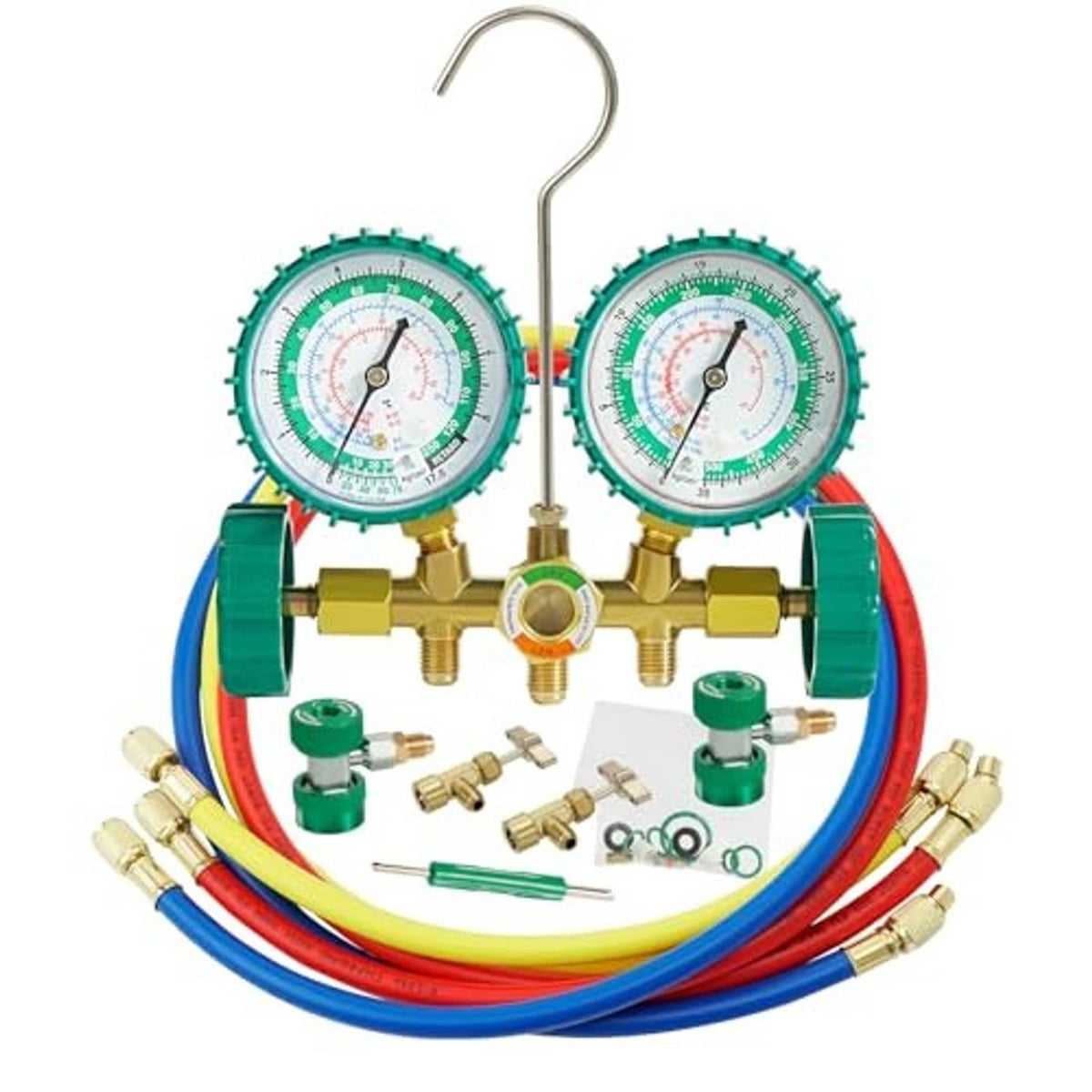 3-way AC manifold gauge set with two green pressure dials, brass manifold, and hoses