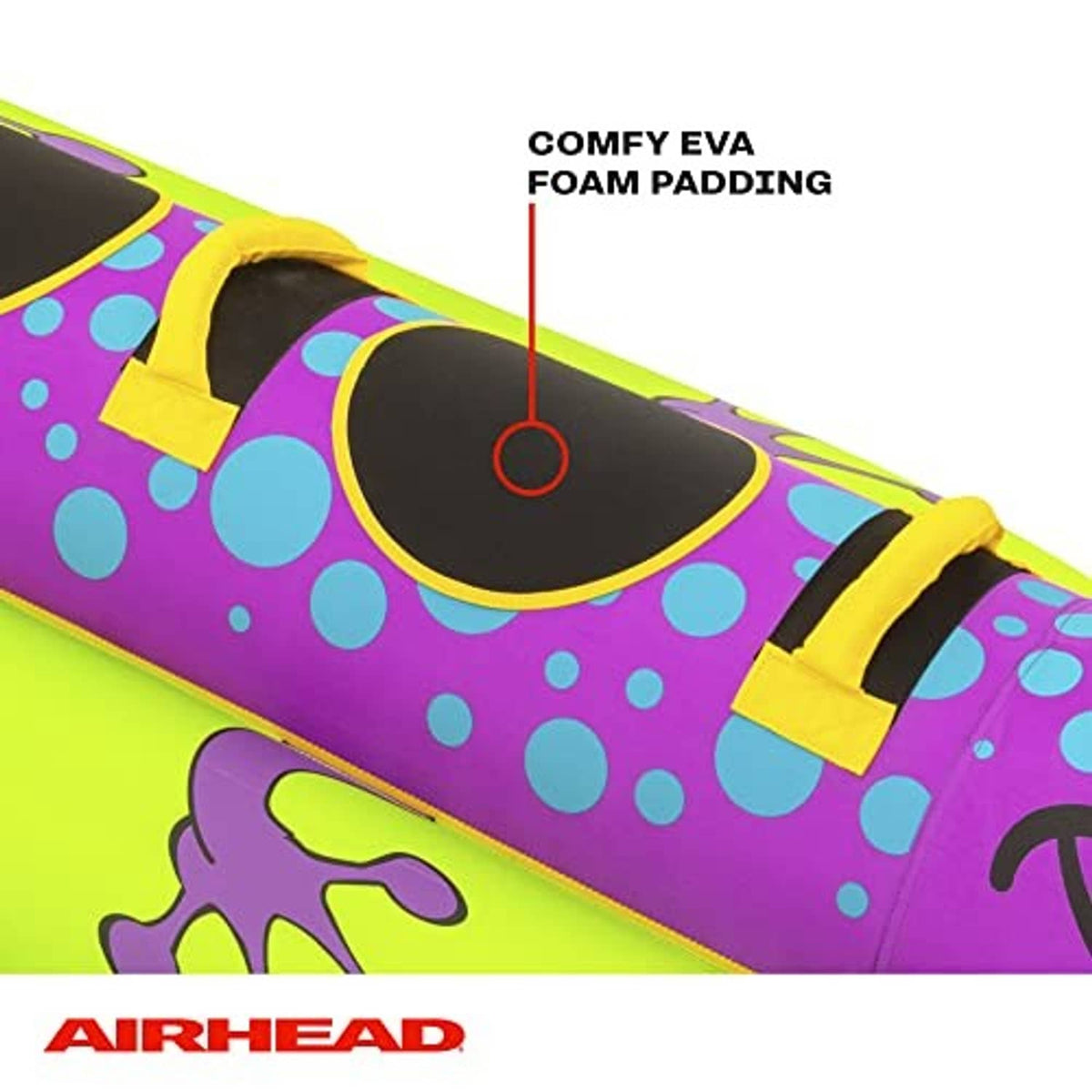 Purple and green towable tube with cushioned EVA foam padding and black grip panel