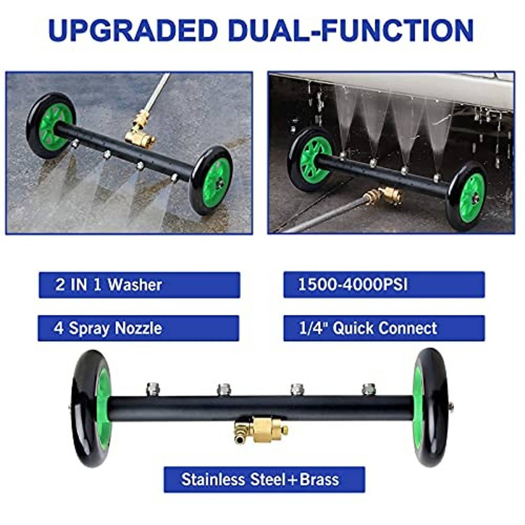 Undercarriage pressure washer attachment with multiple spray nozzles and green wheels