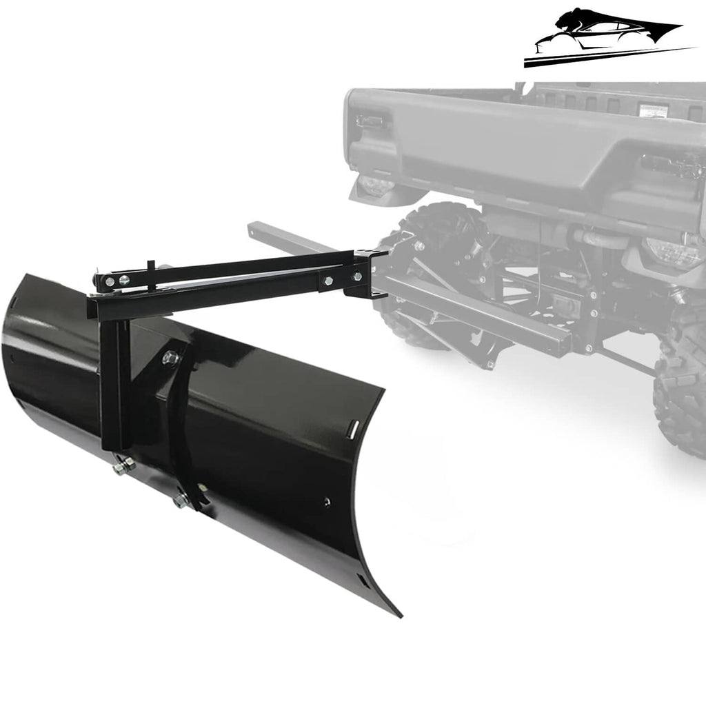 Tow-behind scrape blade attached to ATV/UTV rear hitch with curved steel plow blade