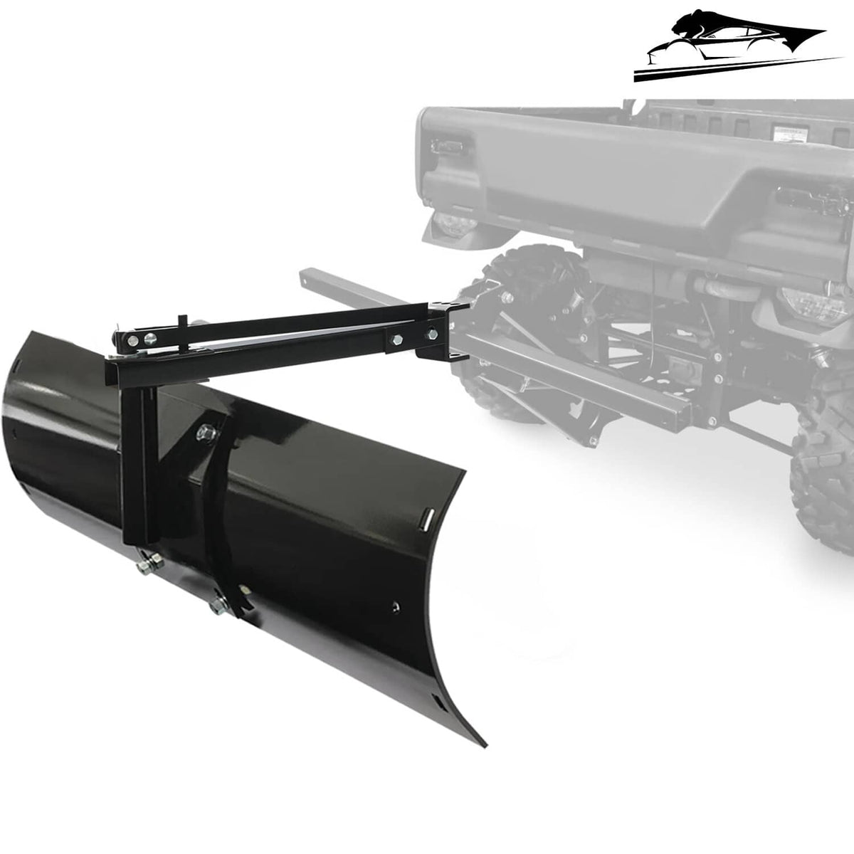 Tow-behind scrape blade attached to ATV/UTV rear hitch with curved steel plow blade