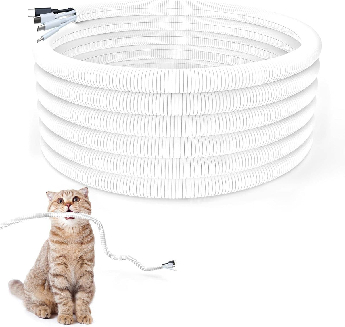 White corrugated cable protector sleeve bundle with plug-in connector ends on top